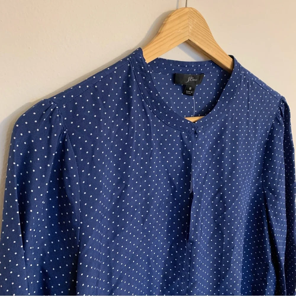NWT J. Crew 100% Silk Peplum Top in Blue Polka Dot, Size 8